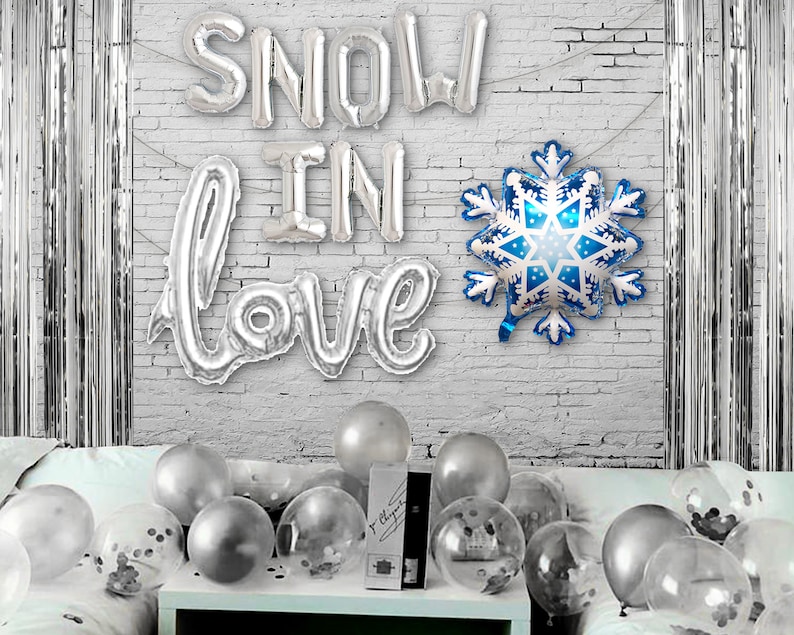 Snow In Love Balloon Banner  Winter Theme Bachelorette Party Silver