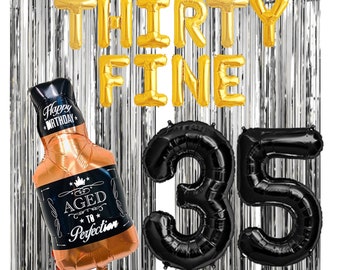 Thirty Fine Banner | 35th Birthday Party For Him | 35th Birthday Decorations | 35th Birthday | Jumbo 35 Number Balloon | Whiskey Balloon