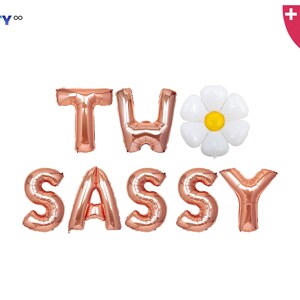 May include: Rose gold foil balloons spelling "TWO SASSY" with a white daisy balloon and a balloon straw and string. The balloons are for a birthday party. The Party logo is in the top left corner.