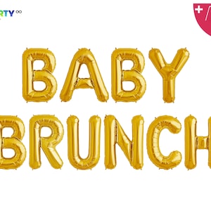 May include: Gold foil balloon letters spelling "BABY BRUNCH" for a baby shower. Includes a balloon straw and string. The PartyEight logo is in the upper left corner.