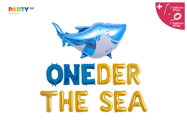 May include: A blue and white shark-shaped balloon above gold and blue letter balloons spelling "ONEDER THE SEA". Includes a balloon straw and string. Party decor for a first birthday celebration.