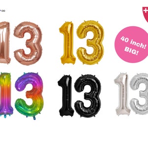 Giant 40 inch Balloon Number 13th Birthday | Giant Rose Gold/Gold/Silver/Black/Rainbow Color Number 13 Jumbo Balloon