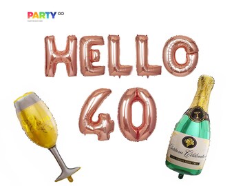 Hello 40 Rose Gold 40th Birthday Balloon Decoration Set | 40th Birthday Party Decor |  40th Birthday Party Balloon Banner/Sign