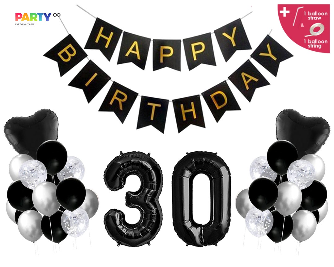  Juego de globos negros de feliz cumpleaños 30 – Saludos a 30  años de edad, guirnalda temática de fiesta temática de guirnalda de  pancartas decoraciones para mujeres y hombres suministros 