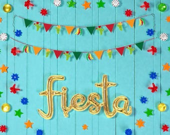 Fiesta Party Decorations: Cactus & Chili Paper Banner Gold Fiesta Balloon Cinco de Mayo Decor