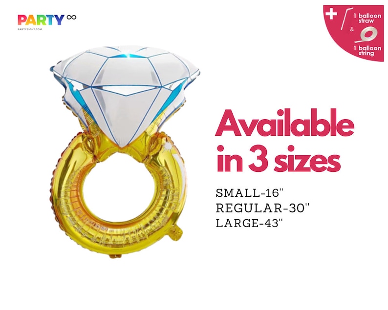 Puede incluir: Globo de aluminio dorado y blanco con forma de anillo de diamantes. Disponible en tres tama&ntilde;os: 40 cm, 76 cm y 109 cm.