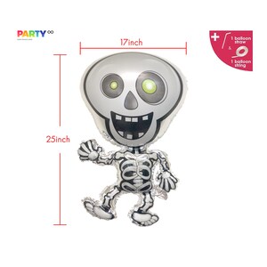 May include: A silver skeleton-shaped balloon, 25 inches tall and 17 inches wide, with a smiling face and green eyes. The balloon includes a balloon straw and string. The balloon is for Halloween or themed parties.