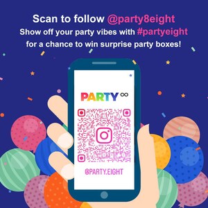 Op de afbeelding: Een smartphone toont een QR-code en het Instagram-logo, met de tekst "PARTY&infin;" in kleurrijke letters. De achtergrond is donkerblauw met ballonnen en confetti. De tekst luidt "Scan to follow @party8eight".