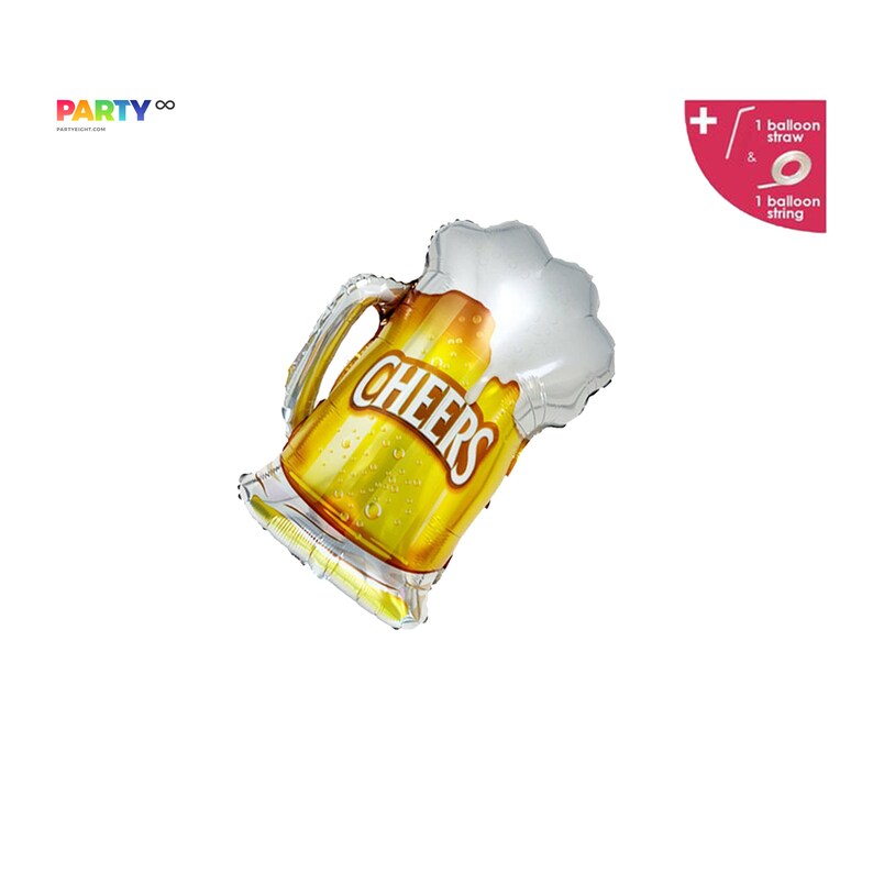 May include: A beer mug-shaped foil balloon with the word "CHEERS" in white. The balloon has a gold-colored body and a silver-colored foam top. Includes a balloon straw and string.
