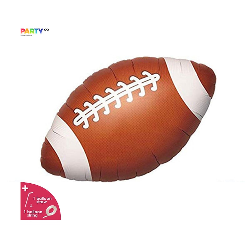 May include: A brown and white football-shaped balloon. The balloon has white laces and white stripes on each end. The balloon is a party decoration. The image also includes a balloon straw and string.