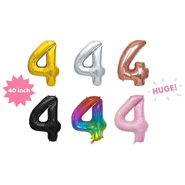 Giant 40 inch Balloon Number 4th Birthday | Giant Rose Gold/Gold/Silver/Black/Rainbow Color Number 4 Jumbo Balloon