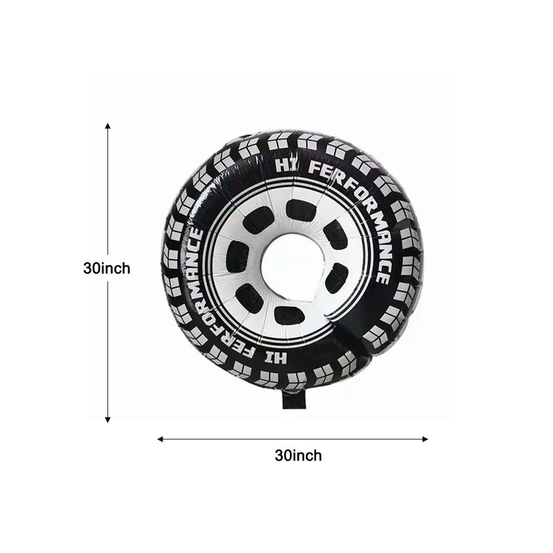 May include: A black and white tyre-shaped balloon with the text "HI PERFORMANCE" printed on it. The balloon is 30 inches in diameter.