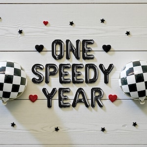 One Speedy Year Balloon Banner: Vintage Race Car Fast One 1st Birthday Party Decoration