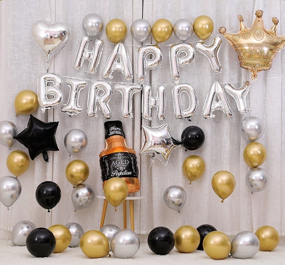 Silver Happy Birthday decoration set | Black Gold Silver Birthday Party