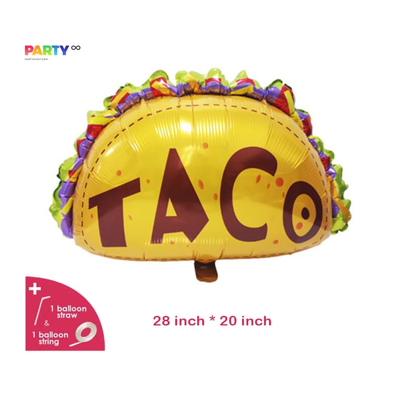 May include: A large yellow foil balloon shaped like a taco with the word "TACO" printed on it. The balloon is 28 inches by 20 inches.