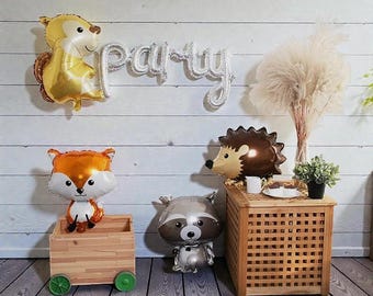 Woodland Animal Foil Balloons: Fox, Raccoon, Squirrel, Hedgehog Baby Shower Kids Birthday Decor