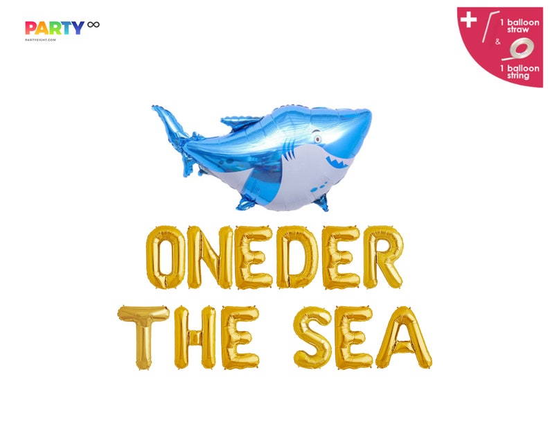 May include: A blue and white shark-shaped foil balloon, with the words "ONEDER THE SEA" in gold foil balloon letters. Includes a balloon straw and string. PartyEight.com logo in the top left corner.