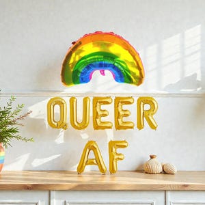 Queer AF Balloon Banner: Rainbow Heart Gay Lesbian Pride Party Pride Month Decor