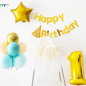 1st Birthday High Chair banner balloon bouquet | 1st Birthday Baby Girl Decorations | 1st Birthday Party Balloon Decor | 1st Birthday