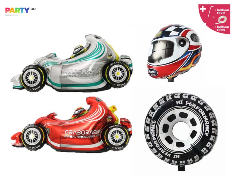 May include: A set of four foil balloons featuring a red and silver race car, a black and white tyre, and a red, white, and blue racing helmet. The balloons are all inflated and ready to be used for a party or celebration.