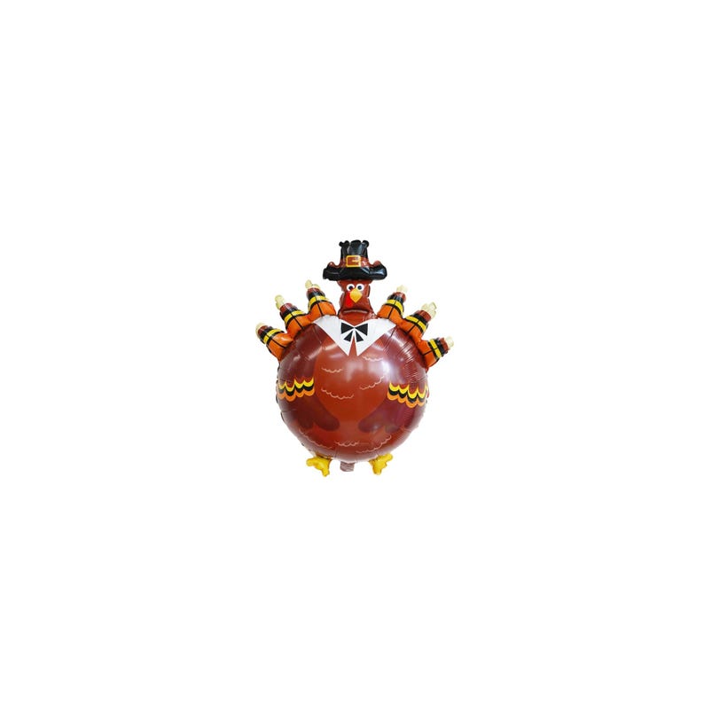 May include: A Thanksgiving-themed balloon shaped like a turkey. The turkey has a brown body, orange and yellow feathers, and a black pilgrim hat. It is wearing a white bow tie and a black tuxedo.