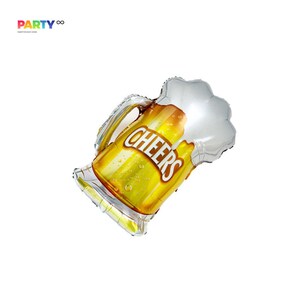 May include: A metallic gold and silver beer mug-shaped balloon. The balloon has a handle and a foamy top. The word "CHEERS" is printed in white on the front of the mug. The balloon is designed for party decorations.