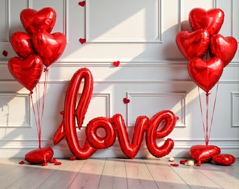 Love Balloon Banner Red Heart Bouquet: Valentine’s Day Galentine Decor Romantic Proposal Wedding Backdrop