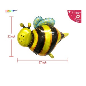 May include: A large, yellow, black, and blue bee-shaped balloon. The balloon is 22 inches tall and 27 inches wide. It has a smiling face and is designed for parties. Includes a balloon straw and string.