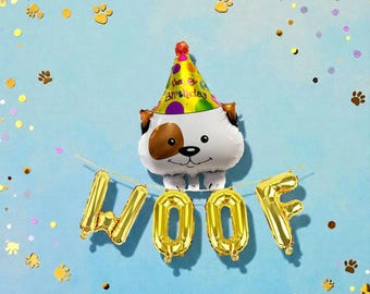 Woof Foil Balloon Banner: Dog Puppy Birthday Party Decoration