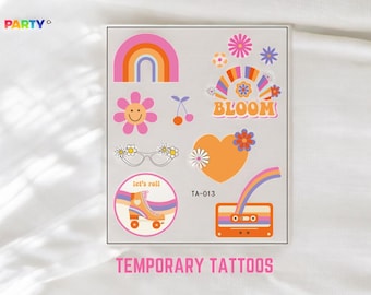 70s Retro Temporary Tattoos: Rainbow, Roller Skate, Flowers Party Favors