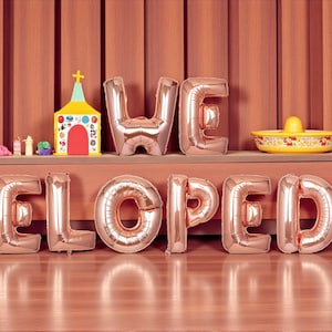 May include: A decorative display featuring rose gold foil balloons spelling "WE ELOPED". A toy church, small figurines, and a yellow floral bowl with a lemon juicer are on a shelf. The background is a wood-paneled wall.