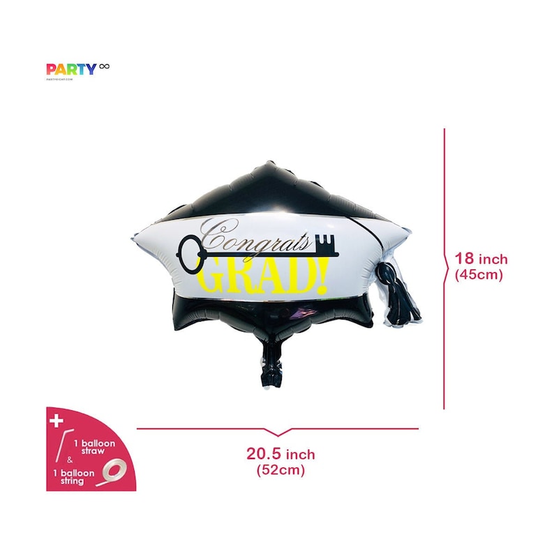 May include: A graduation cap-shaped balloon, black and white with the text "Congrats Grad!" in yellow. The balloon measures 20.5 inches (52 cm) wide and 18 inches (45 cm) tall. Includes a balloon straw and string.