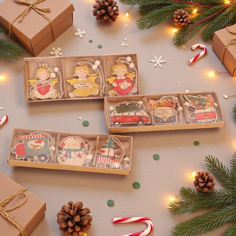 クリスマス木製ヴィンテージオーナメント：天使、クマ、レトロカー（6