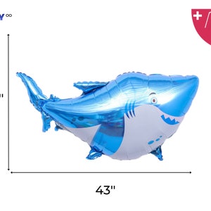 May include: A blue shark-shaped balloon, 43 inches long and 20 inches high, with white accents on the belly and mouth. The balloon includes a straw and string for inflation. The balloon is from PartyEight.