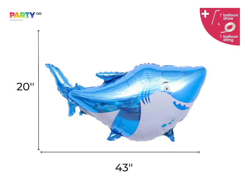 May include: A blue shark-shaped balloon, 43 inches long and 20 inches high, with white accents on the belly and mouth. The balloon includes a straw and string for inflation. The balloon is from PartyEight.