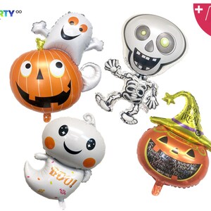 May include: A collection of Halloween-themed foil balloons. The balloons include a smiling ghost, a jack-o'-lantern, a skeleton, and a pumpkin wearing a witch's hat. The pumpkin balloons have the words "Trick or Treat" on them.