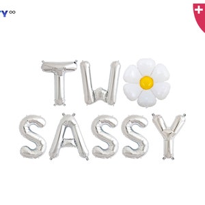 May include: Silver foil balloons spelling "TWO SASSY" with a white daisy-shaped balloon with a yellow center. Includes a balloon straw and string. Party decor for a second birthday celebration.