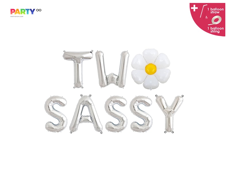 May include: Silver foil balloons spelling "TWO SASSY" with a white daisy-shaped balloon with a yellow center. Includes a balloon straw and string. Party decor for a second birthday celebration.