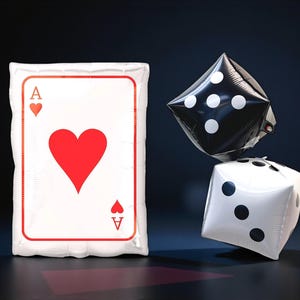 May include: A white rectangular foil balloon shaped like an ace of hearts playing card with red details, accompanied by two cube-shaped foil balloons, one black with white dots and one white with black dots, arranged in a cluster.