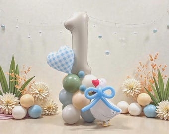 One Silly Goose Balloon Tower: Blue Gingham Goose Party First Birthday Decor Lucky Duck