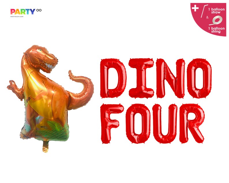 DINO FOUR Dinosaur Birthday Party 4th Birthday Dinosaur Birthday Party T-Rex Birthday Dinosaur Balloon Jurassic Park/Roar Rawr Theme image 2