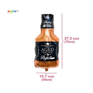 May include: A metallic gold-colored balloon in the shape of a whiskey bottle, with black accents and text that reads "Happy Birthday", "Aged to Perfection". The balloon measures 27.5 inches (70cm) tall and 15.7 inches (40cm) wide.