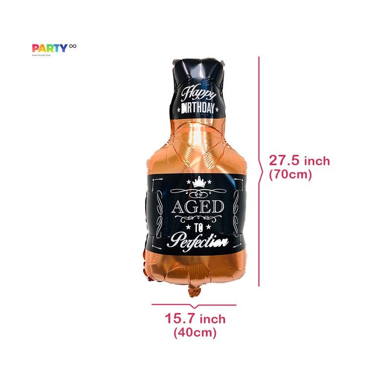 May include: A metallic gold-colored balloon in the shape of a whiskey bottle, with black accents and text that reads "Happy Birthday", "Aged to Perfection". The balloon measures 27.5 inches (70cm) tall and 15.7 inches (40cm) wide.
