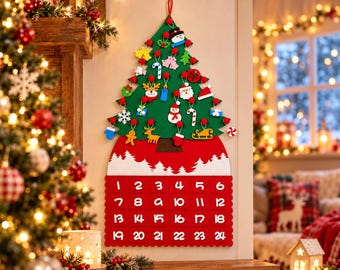 May include: A green felt Christmas tree wall hanging with a red base featuring twenty-four numbered pockets. The tree is decorated with various small felt ornaments including a snowman, reindeer, candy canes, and gifts, all attached with red pom-poms.