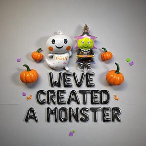 May include: A Halloween-themed arrangement featuring a smiling ghost balloon, a witch balloon, and several orange pumpkins. The phrase "WEVE CREATED A MONSTER" is spelled out in black balloons. Scattered confetti adds color.