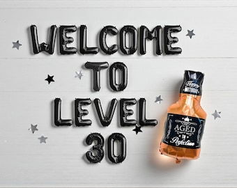 Welcome To Level 30 Balloon Banner: Whiskey Bottle 30th Birthday