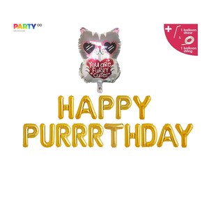 Puede incluir: Un conjunto de globos dorados que deletrean "HAPPY PURRRTHDAY" con un globo con forma de gato que dice "You are FURRY CUTE!". El globo de gato tiene gafas de sol en forma de coraz&oacute;n. Incluye pajita y cuerda.