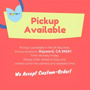 Op de afbeelding: Een afbeelding met de tekst "Pickup Available" in het rood op een gele achtergrond, tegen een rode achtergrond. De afbeelding bevat ook de tekst "We Accept Custom-Order!"