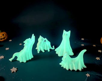 Glow in the Dark Ghost Cat Figurines Cute Halloween Decor Spooky Cat Lover Gift