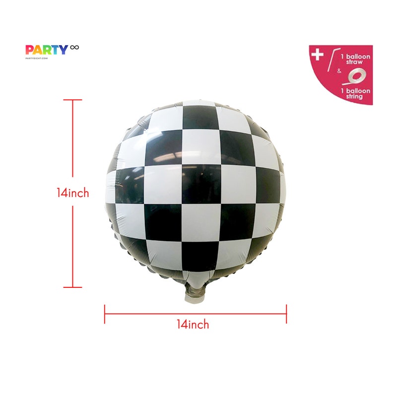 May include: A round, black and white checkered balloon, 14 inches in diameter. The balloon has a metallic sheen and is inflated. The image also includes a balloon straw and string.